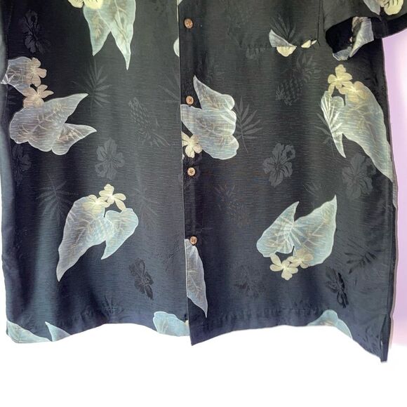 Vintage Firethorn L Black Silk Hawaiian Shirt Tropical Floral Button Up Collar - Picture 3 of 7